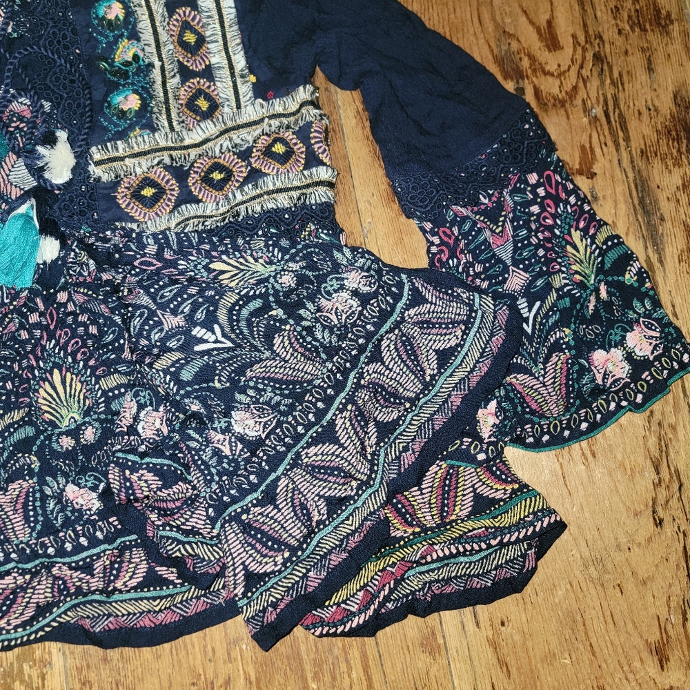 Aqua Embroidered Printed Top jacket Shacket Boho chic Hippie Tassel - Picture 6 of 15